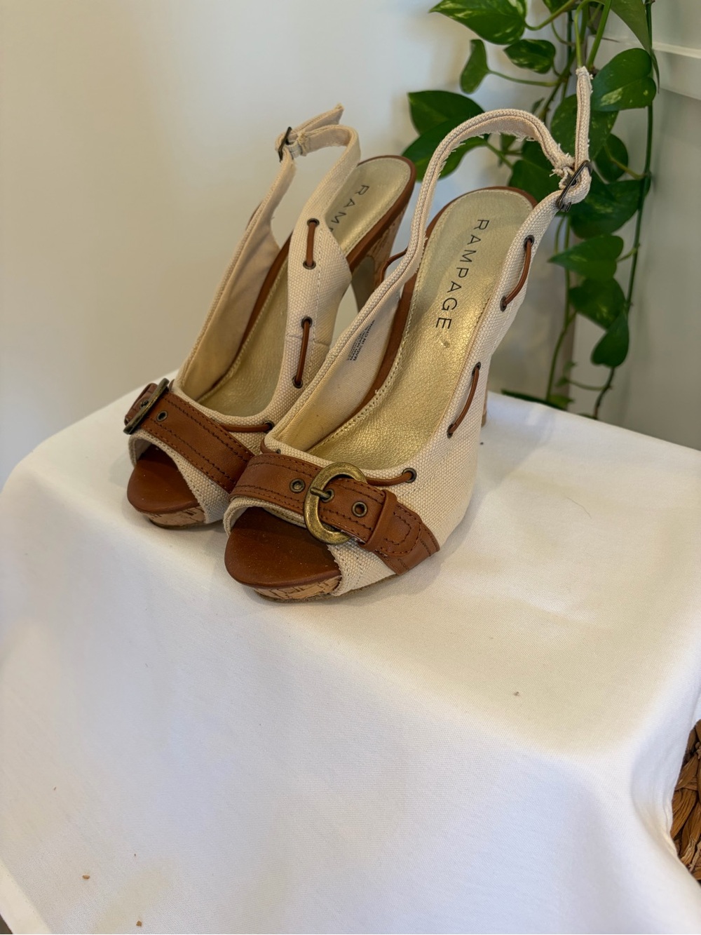 Rampage Beige and Brown Buckle Slingback Peep-Toe Heels